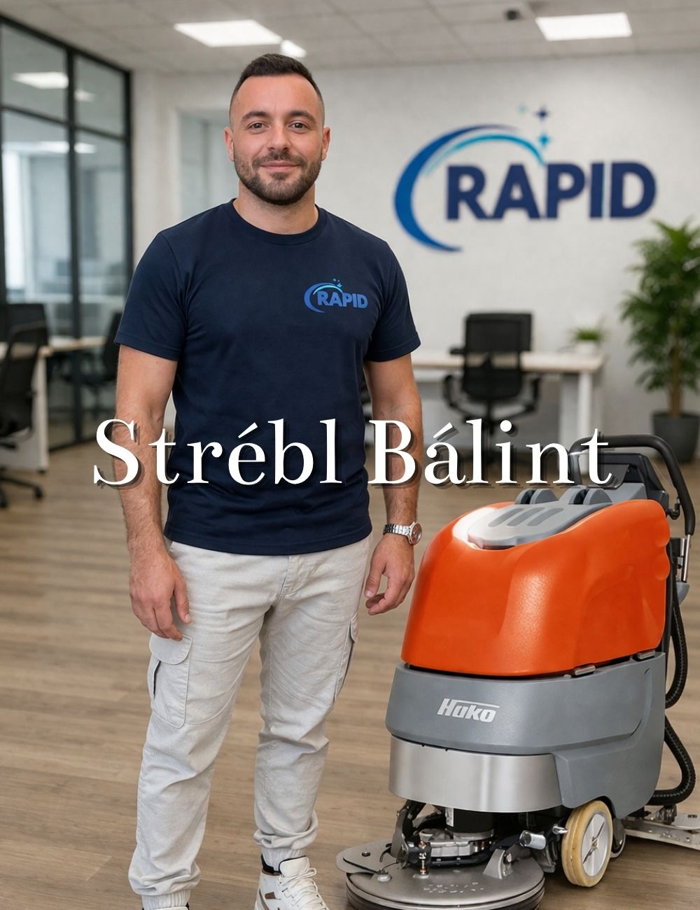 Strebl Bálint Ferenc a Rapid Takarítás tulajdonosa ipari takarítógéppel budapesti irodában