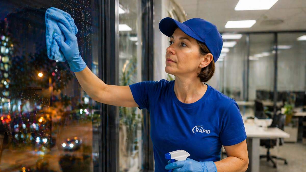 Takarító cég Budapest ablaktisztítás irodaépületben éjszaka professzionális takarítás Rapid Takarítás