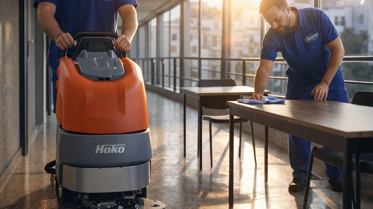 társasház takarítás géppel Budapesten, folyosó tisztítása kora reggel professzionális takarító csapattal