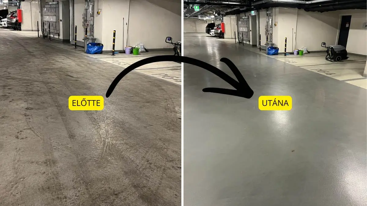 Mélygarázs gépi takarítás előtte-utána referencia Budapest – professzionális ipari padlótisztítás Rapid Takarítás