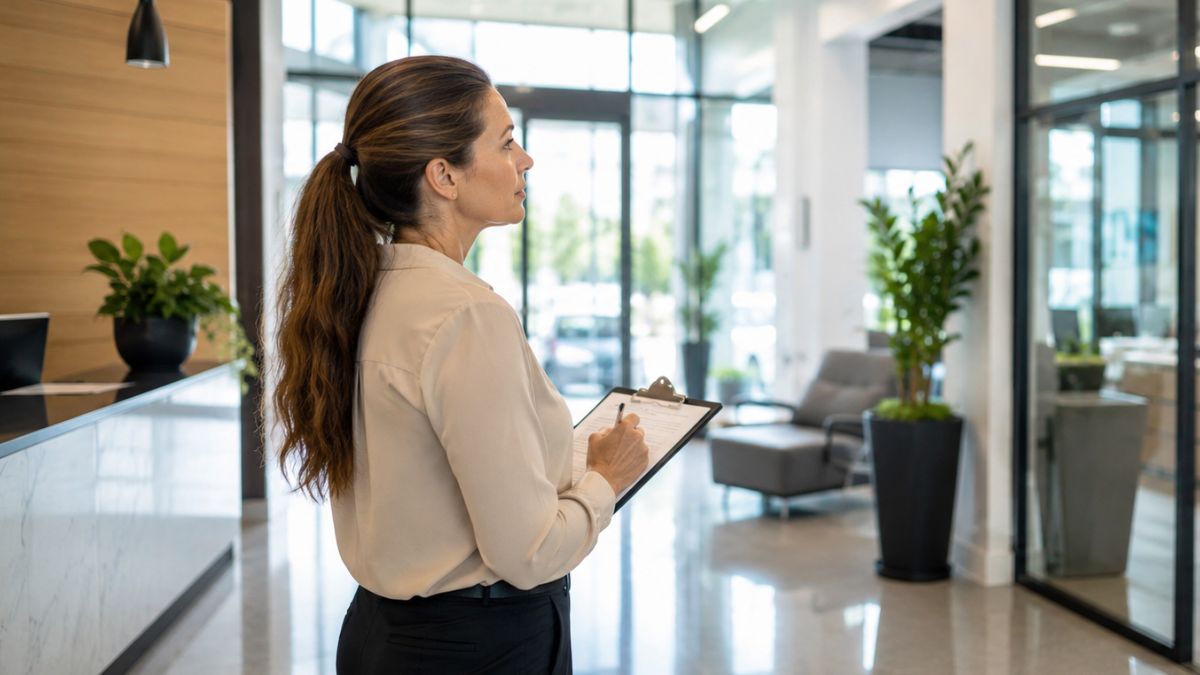 B2B takarítási audit egy modern iroda tisztaságának ellenőrzése közben
