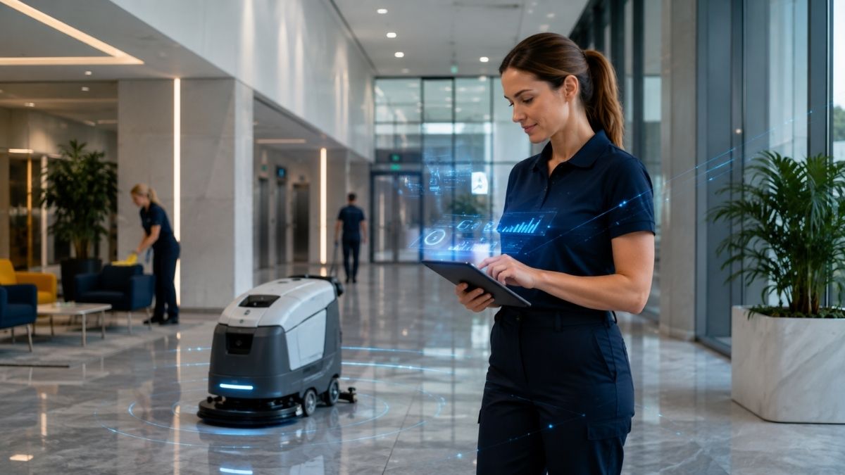 Professzionális takarítás AI-val és autonóm takarítórobottal egy modern irodaházban