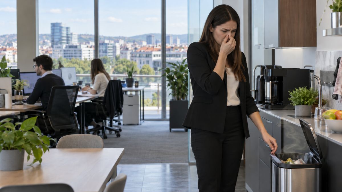 Nő kellemetlen szagot érez egy modern budapesti iroda teakonyhájában