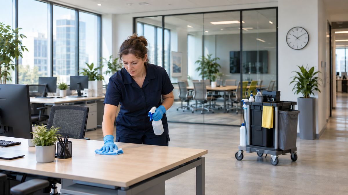 Takarítónő modern irodában munkaállomást tisztít
