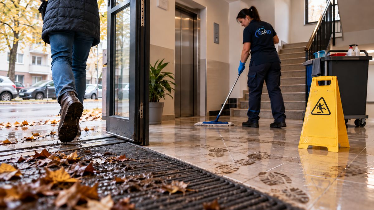 Takarító szakember őszi eső után sáros és nedves lépcsőházi bejáratot tisztít
