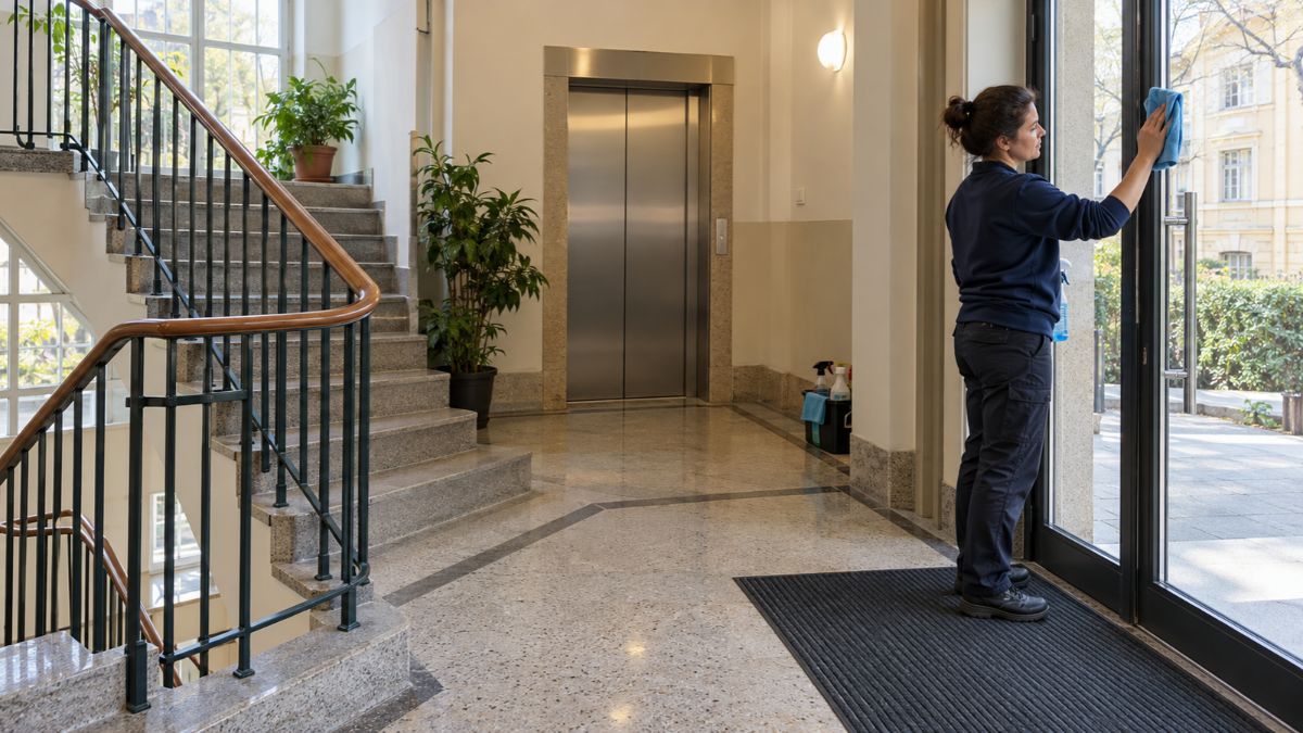 Takarítónő tisztítja a társasház üvegajtaját, mellette lépcsőkorlát, lift és szennyfogó szőnyeg látható.
